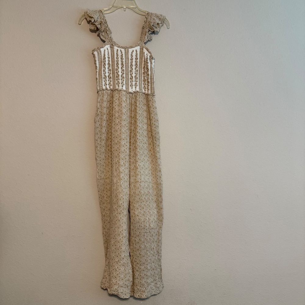 Sim and Sam Sleeveless Smocked Ruffle Wide Leg Jumpsuit Tan Floral Boho Medium